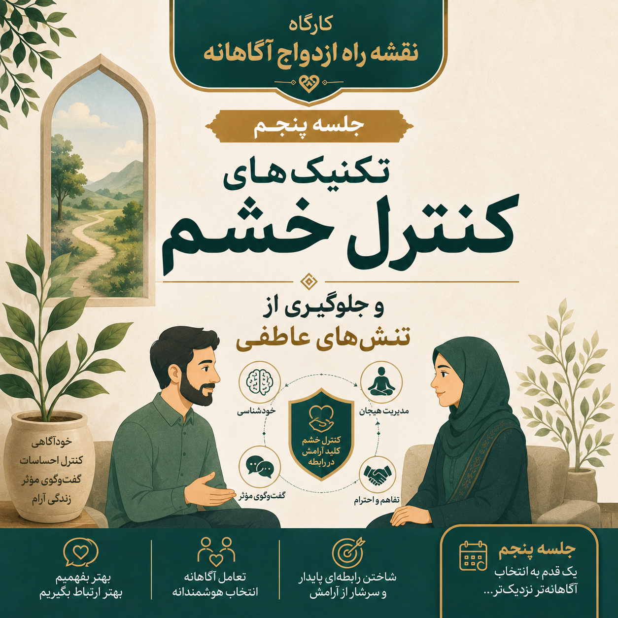 📘 جلسه پنجم از کارگاه «نقشه راه ازدواج آگاهانه» با موضوع: تکنیک‌های کنترل خشم و جلوگیری از تنش‌های عاطفی